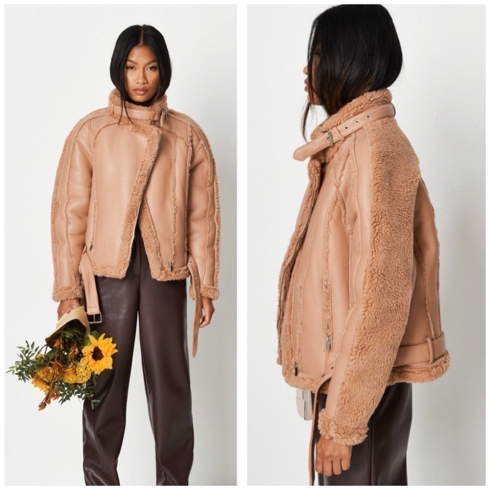 Missguided Tan Borg Teddy Faux Leather Aviator Jacket Belted Premium Size 14 XL